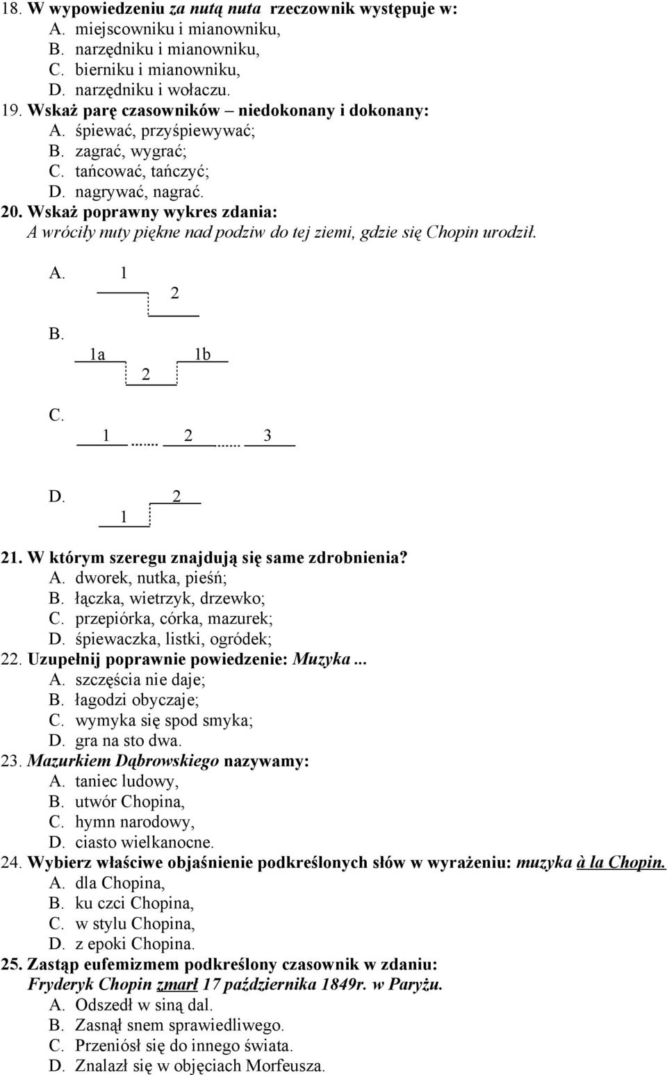 Wskaż poprawny wykres zdania: A wróciły nuty piękne nad podziw do tej ziemi, gdzie się Chopin urodził. A. 1 2 B. C. 1a 1b 2 1 2 3 D. 2 1 21. W którym szeregu znajdują się same zdrobnienia? A. dworek, nutka, pieśń; B.