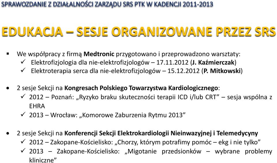 Mitkowski) 2 sesje Sekcji na Kongresach Polskiego Towarzystwa Kardiologicznego: 2012 Poznań: Ryzyko braku skuteczności terapii ICD i/lub CRT sesja wspólna z EHRA 2013