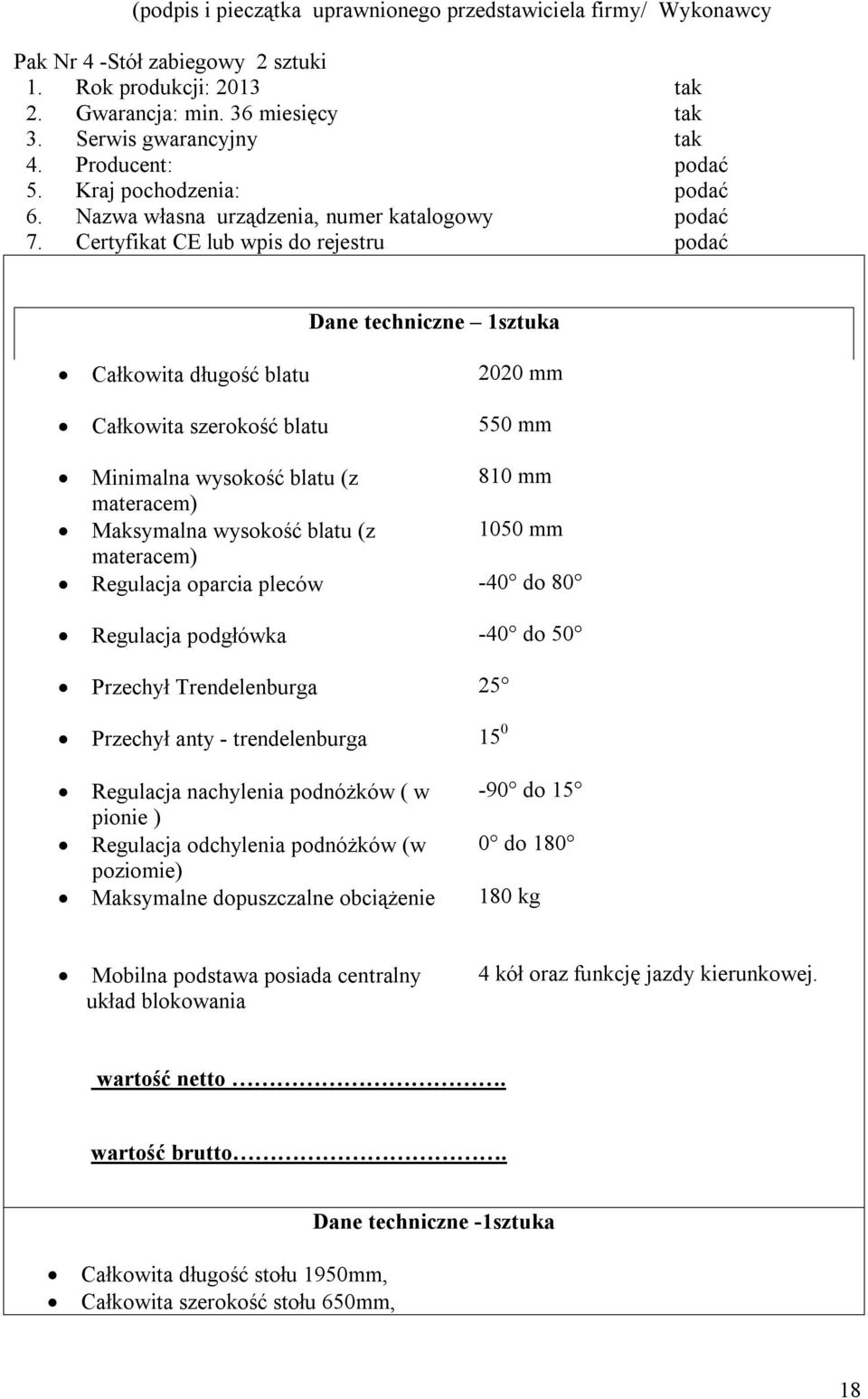 Certyfikat CE lub wpis do rejestru podać CaC\CccccCałkowita długość stołu Dane techniczne 1sztuka Całkowita długość blatu 2020 mm Całkowita szerokość blatu 550 mm Minimalna wysokość blatu (z 810 mm