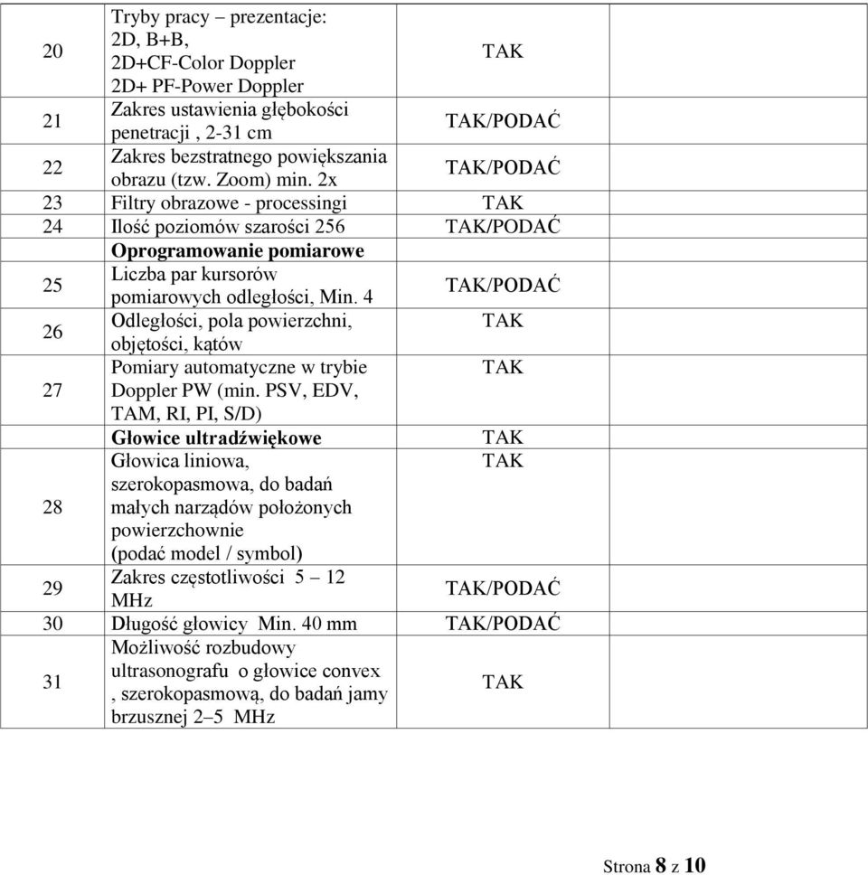 4 /PODAĆ 26 Odległości, pola powierzchni, objętości, kątów Pomiary automatyczne w trybie 27 Doppler PW (min.