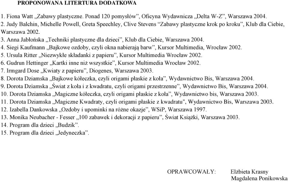 Anna Jabłońska Techniki plastyczne dla dzieci, Klub dla Ciebie, Warszawa 2004. 4. Siegi Kaufmann Bajkowe ozdoby, czyli okna nabierają barw, Kursor Multimedia, Wrocław 2002. 5.
