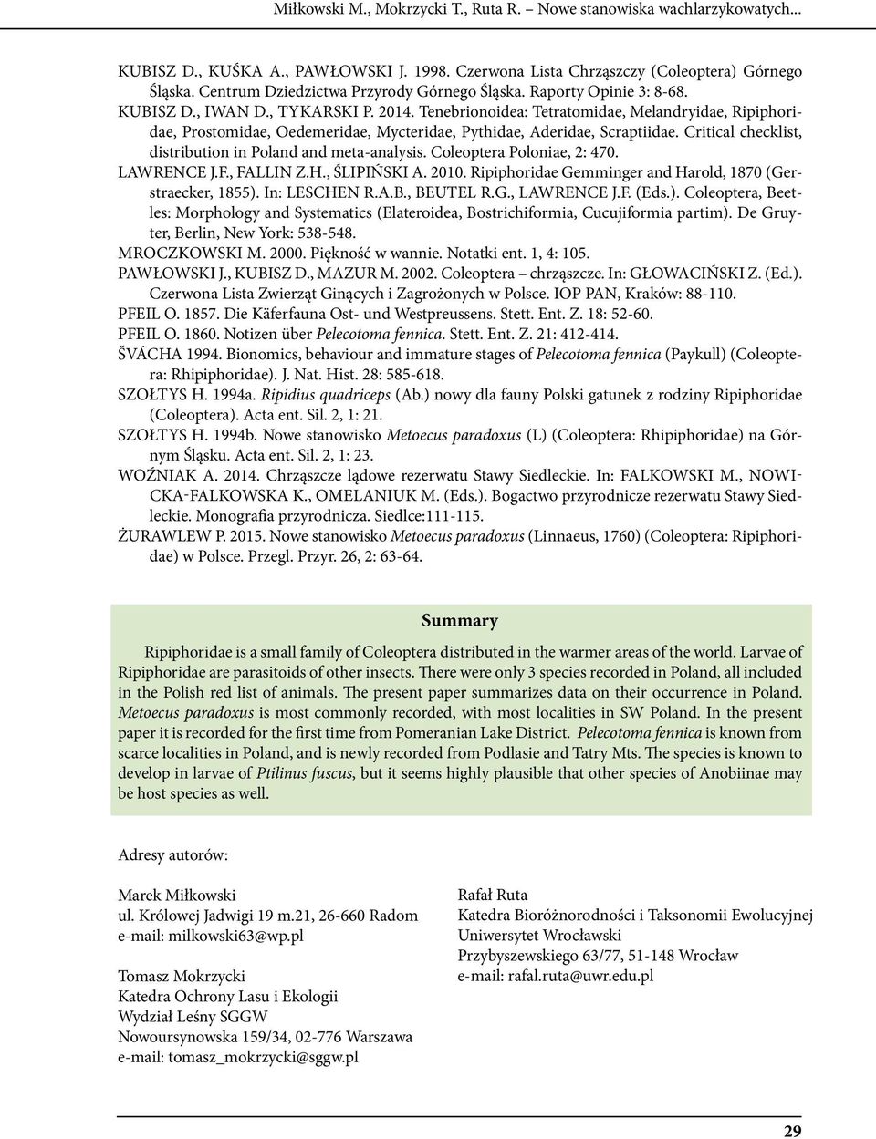 Tenebrionoidea: Tetratomidae, Melandryidae, Ripiphoridae, Prostomidae, Oedemeridae, Mycteridae, Pythidae, Aderidae, Scraptiidae. Critical checklist, distribution in Poland and meta-analysis.