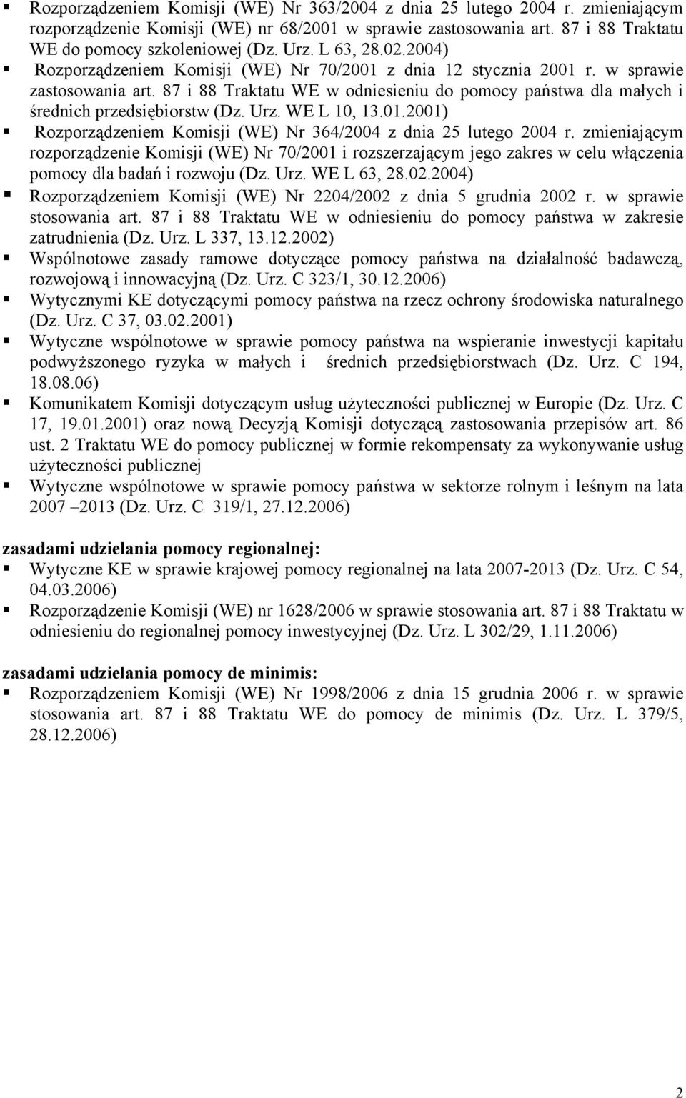87 i 88 Traktatu WE w odniesieniu do pomocy państwa dla małych i średnich przedsiębiorstw (Dz. Urz. WE L 10, 13.01.2001) Rozporządzeniem Komisji (WE) Nr 364/2004 z dnia 25 lutego 2004 r.