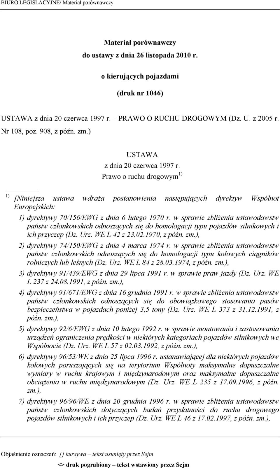Prawo o ruchu drogowym 1) 1) [Niniejsza ustawa wdraża postanowienia następujących dyrektyw Wspólnot Europejskich: 1) dyrektywy 70/156/EWG z dnia 6 lutego 1970 r.