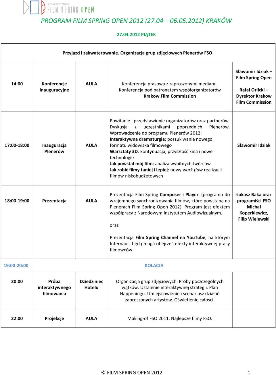 Konferencja pod patronatem współorganizatorów Krakow Film Commission Sławomir Idziak Film Spring Open Rafał Orlicki Dyrektor Krakow Film Commission 17:00-18:00 Inauguracja Plenerów Powitanie i