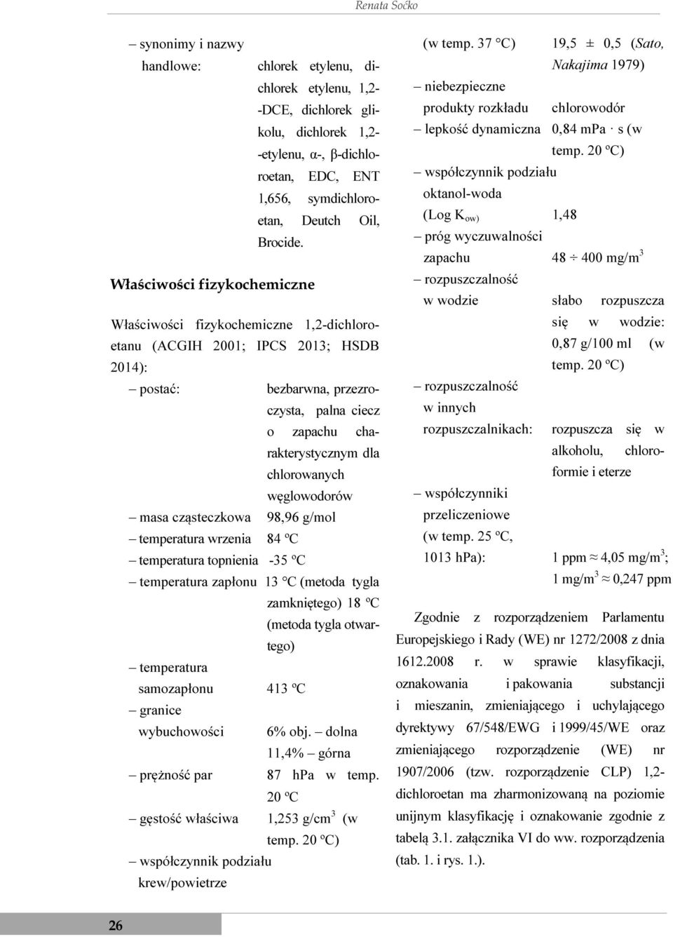 Właściwości fizykochemiczne Właściwości fizykochemiczne 1,2-dichloroetanu (ACGIH 2001; IPCS 2013; HSDB 2014): postać: bezbarwna, przezroczysta, palna ciecz o zapachu charakterystycznym dla