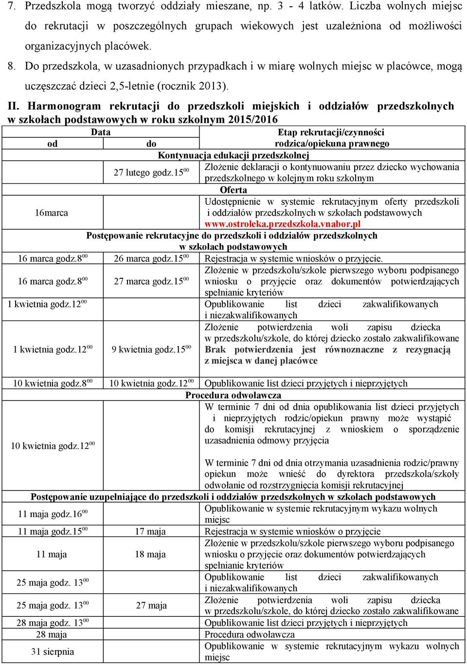 Harmonogram rekrutacji do przedszkoli miejskich i oddziałów przedszkolnych w szkołach podstawowych w roku szkolnym 2015/2016 Data Etap rekrutacji/czynności od do rodzica/opiekuna prawnego Kontynuacja