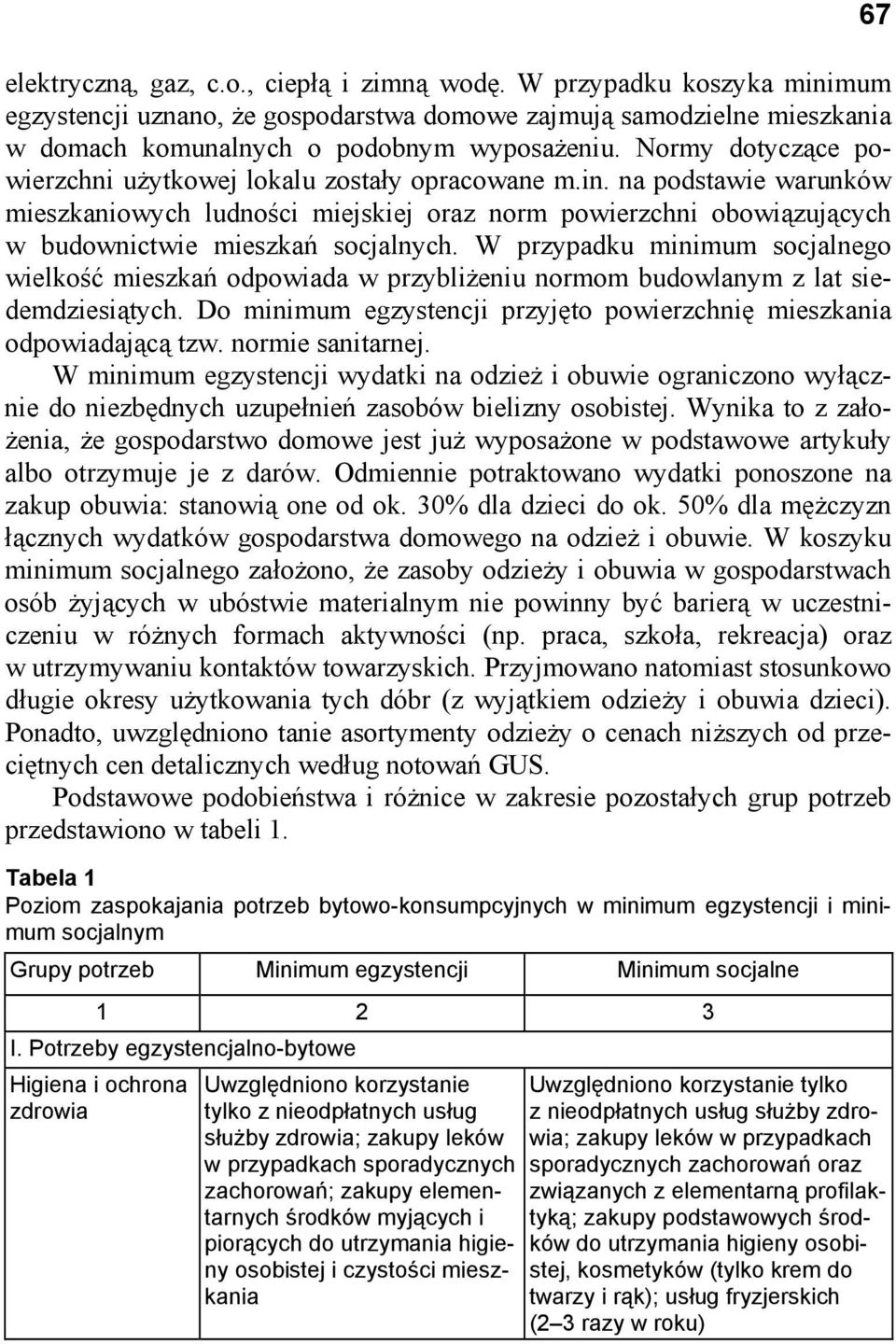 W przypadku minimum socjalnego wielkość mieszkań odpowiada w przybliżeniu normom budowlanym z lat siedemdziesiątych. Do minimum egzystencji przyjęto powierzchnię mieszkania odpowiadającą tzw.