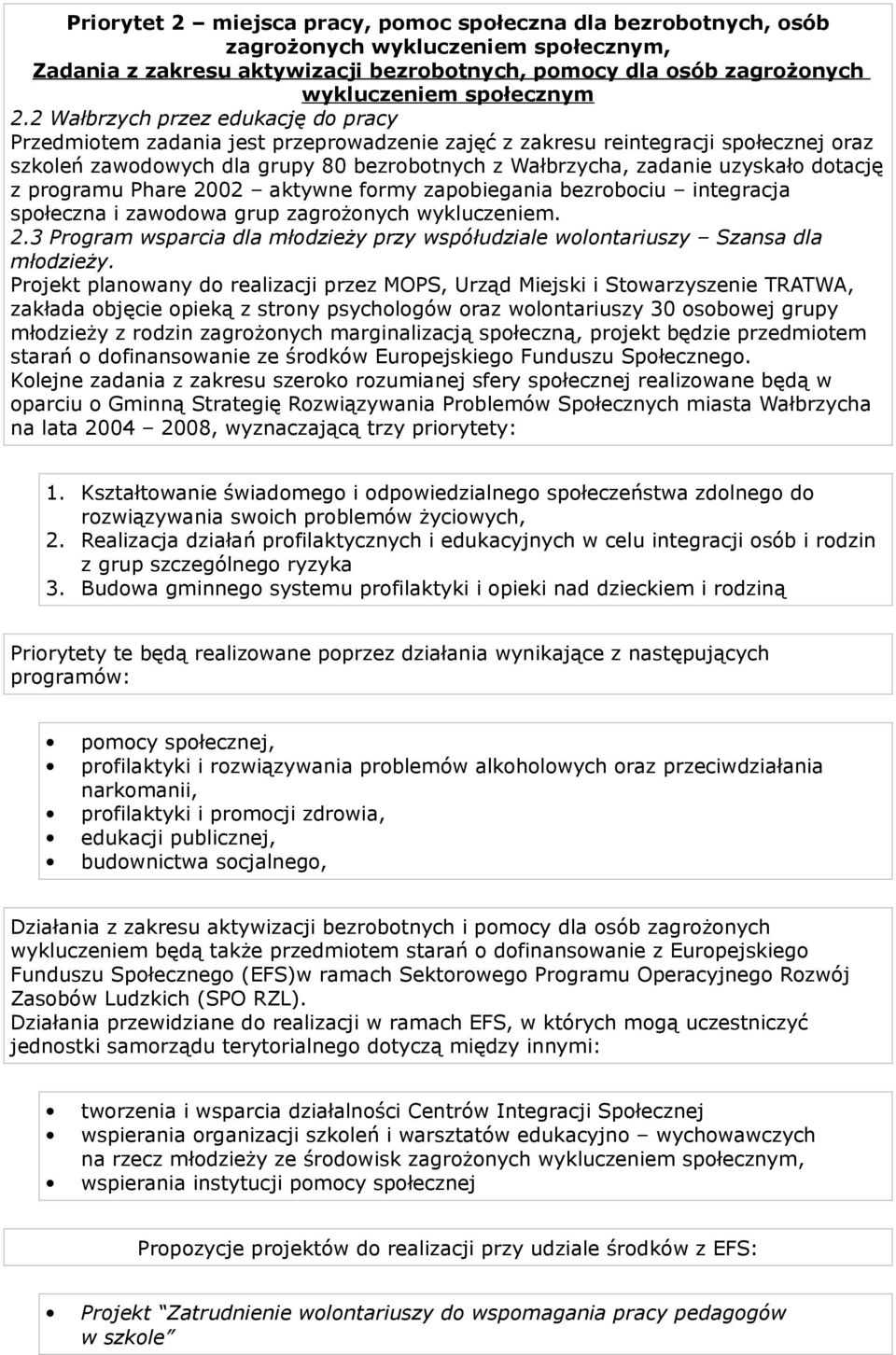 dotację z programu Phare 2002 aktywne formy zapobiegania bezrobociu integracja społeczna i zawodowa grup zagrożonych wykluczeniem. 2.3 Program wsparcia dla młodzieży przy współudziale wolontariuszy Szansa dla młodzieży.