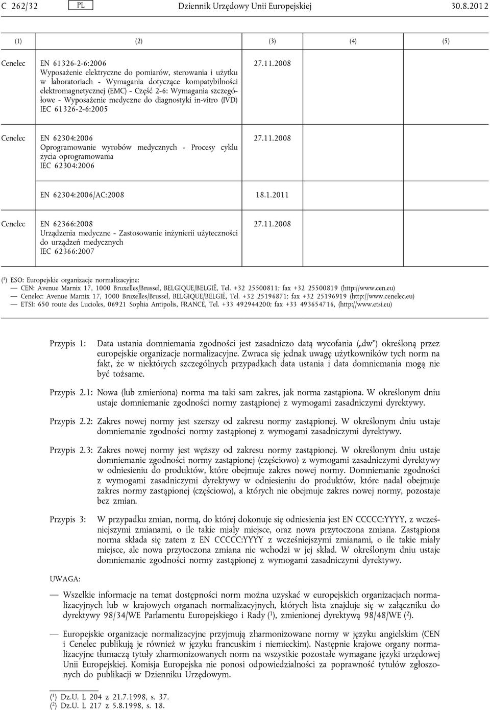 szczegółowe - Wyposażenie medyczne do diagnostyki in-vitro (IVD) IEC 61326-2-6:2005 Cenelec EN 62304:2006 Oprogramowanie wyrobów medycznych - Procesy cyklu życia oprogramowania IEC 62304:2006 EN