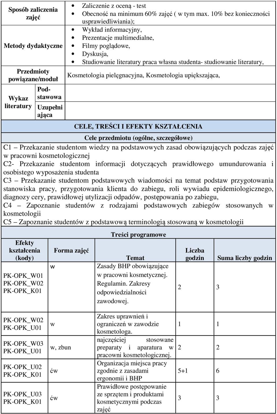 pielęgnacyjna, Kosmetologia upiększająca, CELE, TREŚCI I EFEKTY KSZTAŁCENIA Cele przedmiotu (ogólne, szczegółowe) C1 Przekazanie studentom wiedzy na podstawowych zasad obowiązujących podczas w