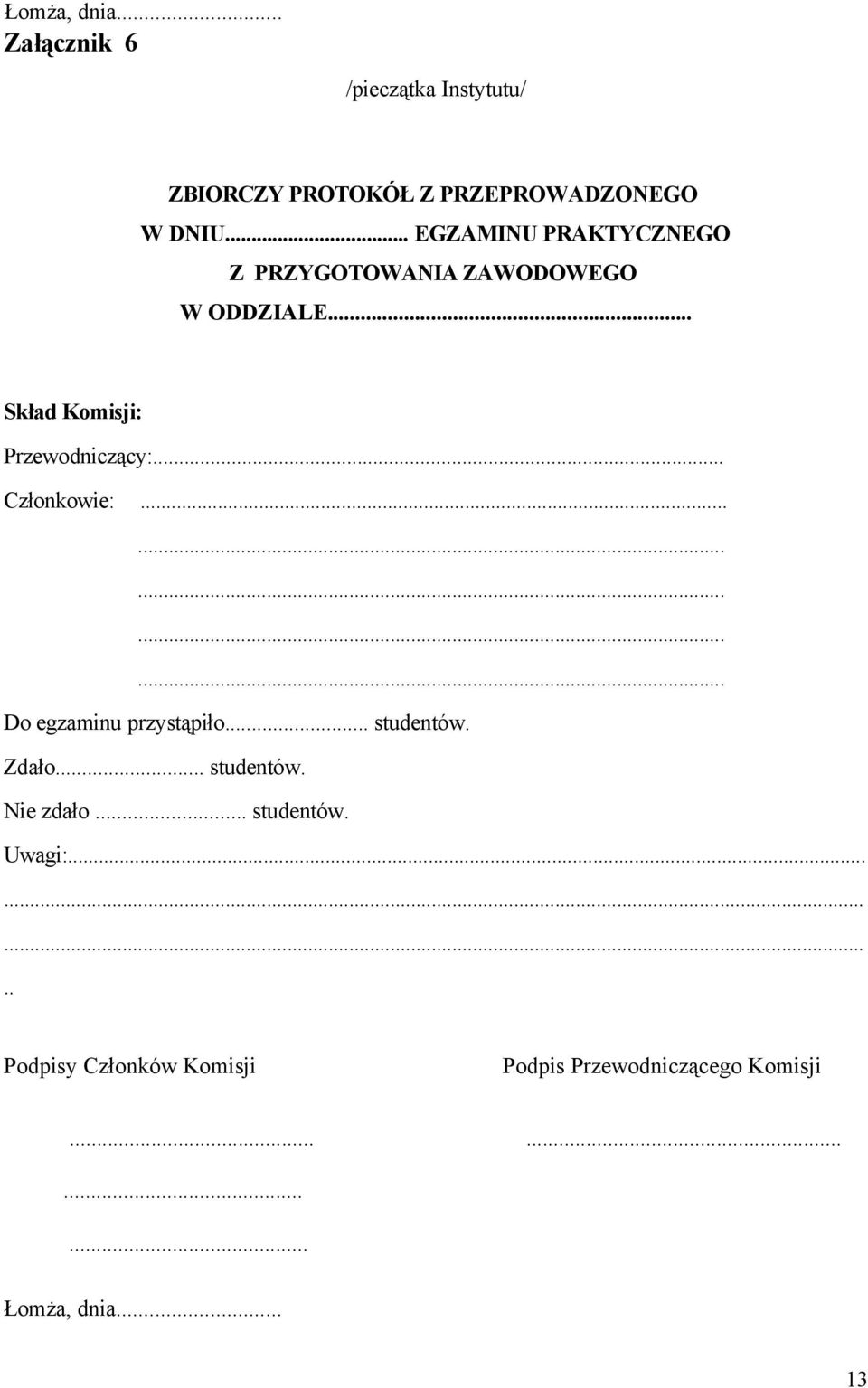 .. Członkowie:............... Do egzaminu przystąpiło... studentów. Zdało... studentów. Nie zdało.