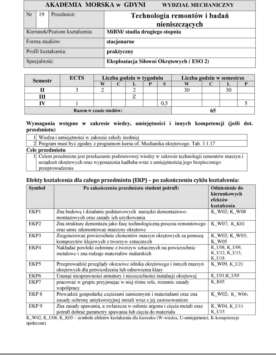 czasie studiów: 65 Wymagania wstępne w zakresie wiedzy, umiejętności i innych kompetencji (jeśli dot. przedmiotu) 1. Wiedza i umiejętności w zakresie szkoły średniej 2.