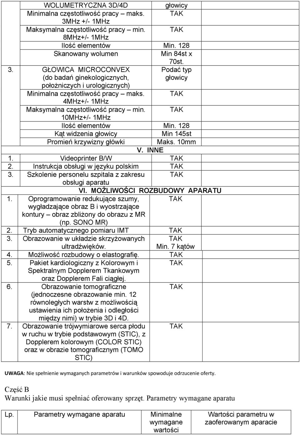 128 Kąt widzenia głowicy Promień krzywizny główki Min 145st Maks. 10mm V. INNE 1. Videoprinter B/W 2. Instrukcja obsługi w języku polskim 3. Szkolenie personelu szpitala z zakresu obsługi aparatu VI.