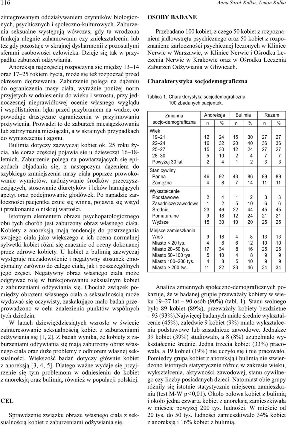 Dzieje siê tak w przypadku zaburzeñ od ywiania. Anoreksja najczêœciej rozpoczyna siê miêdzy 13 14 oraz 17 25 rokiem ycia, mo e siê te rozpocz¹æ przed okresem dojrzewania.
