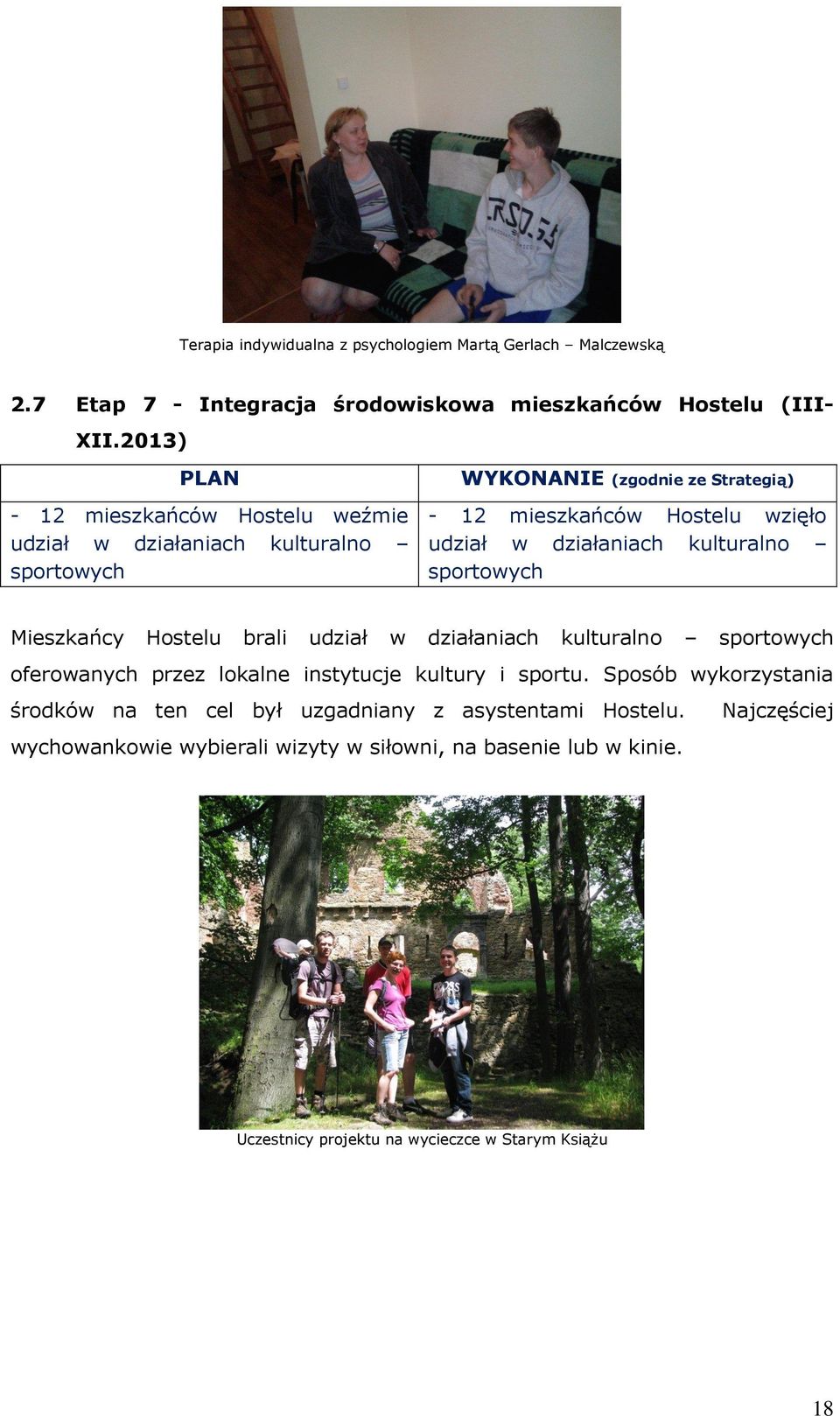 działaniach kulturalno sportowych Mieszkańcy Hostelu brali udział w działaniach kulturalno sportowych oferowanych przez lokalne instytucje kultury i sportu.