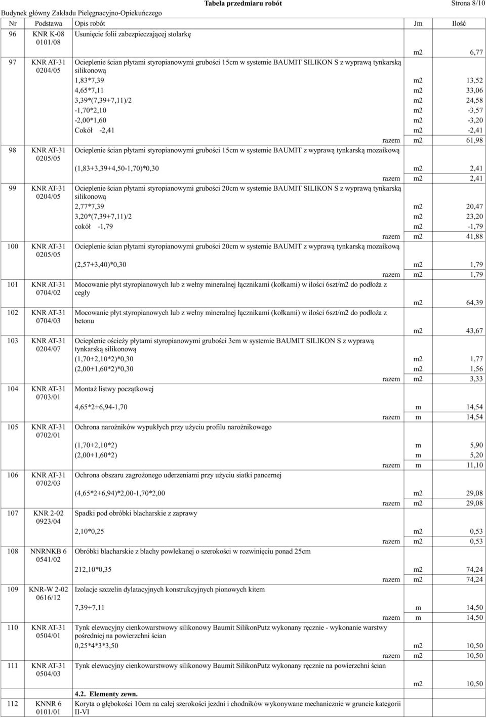 Ocieplenie ścian płytami styropianowymi grubości 15cm w systemie BAUMIT z wyprawą tynkarską mozaikową 0205/05 (1,83+3,39+4,50-1,70)*0,30 m2 2,41 razem m2 2,41 99 KNR AT-31 0204/05 100 KNR AT-31