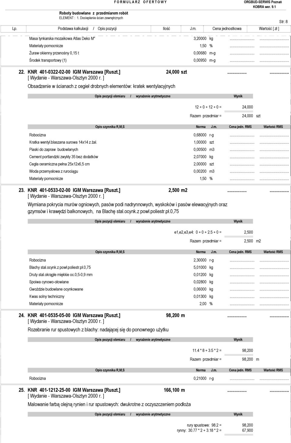 blaszana surowa 14x14 z Ŝal. 1,00000 szt...... Piaski do zapraw budowlanych 0,00500 m3...... Cement portlandzki zwykły 35 bez dodatków 2,07000 kg...... Cegła ceramiczna pełna 25x12x6,5 cm 2,00000 szt.