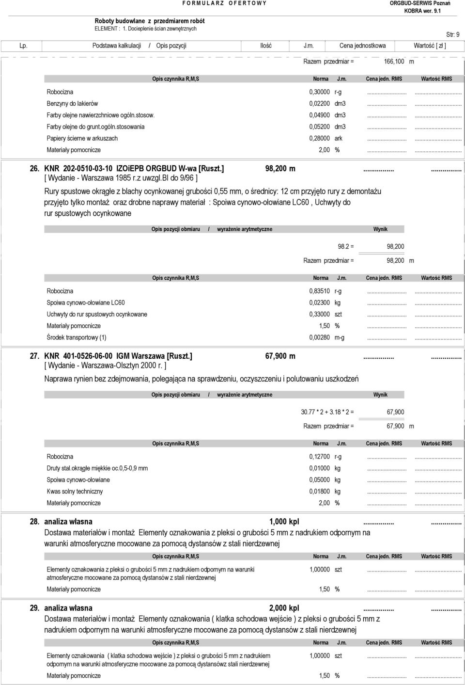 bi do 9/96 ] Rury spustowe okrągłe z blachy ocynkowanej grubości 0,55 mm, o średnicy: 12 cm przyjęto rury z demontaŝu przyjęto tylko montaŝ oraz drobne naprawy materiał : Spoiwa cynowo-ołowiane LC60,