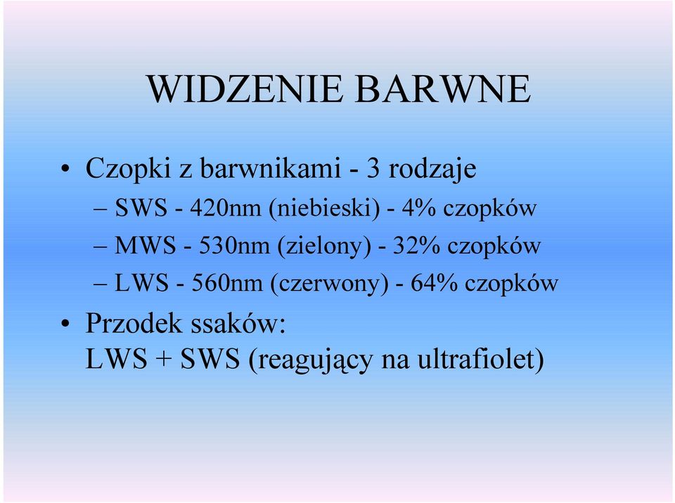 (zielony) - 32% czopków LWS - 560nm (czerwony) - 64%