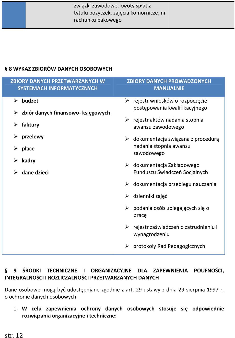 zawodowego dokumentacja związana z procedurą nadania stopnia awansu zawodowego dokumentacja Zakładowego Funduszu Świadczeń Socjalnych dokumentacja przebiegu nauczania dzienniki zajęć podania osób