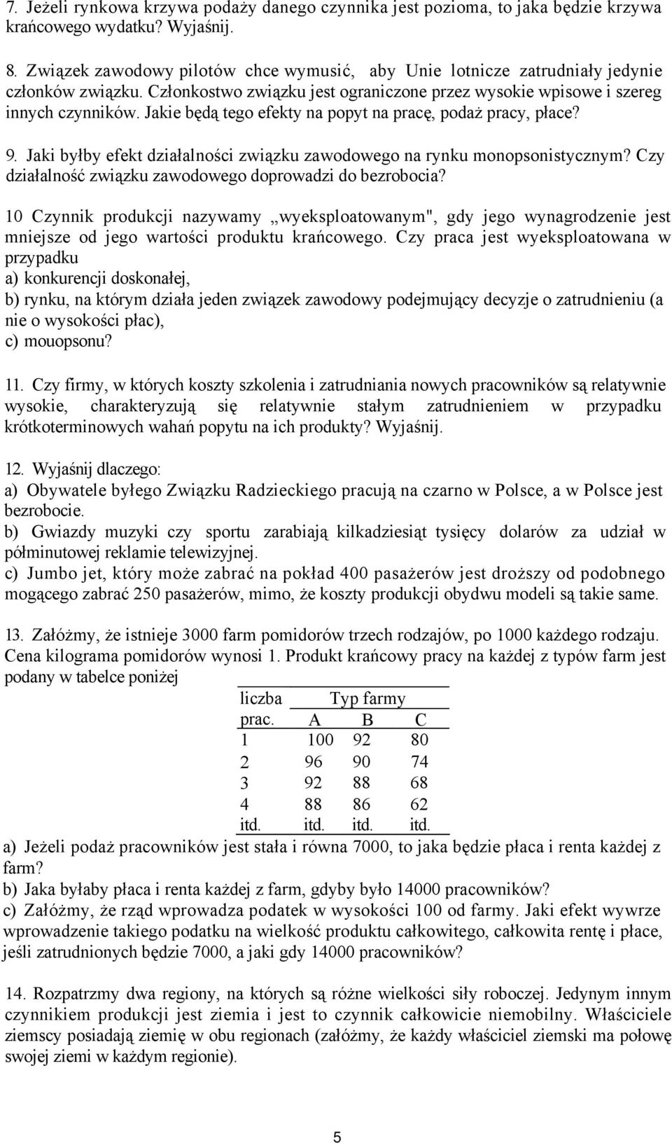Jakie będą tego efekty na popyt na pracę, podaż pracy, płace? 9. Jaki byłby efekt działalności związku zawodowego na rynku monopsonistycznym?