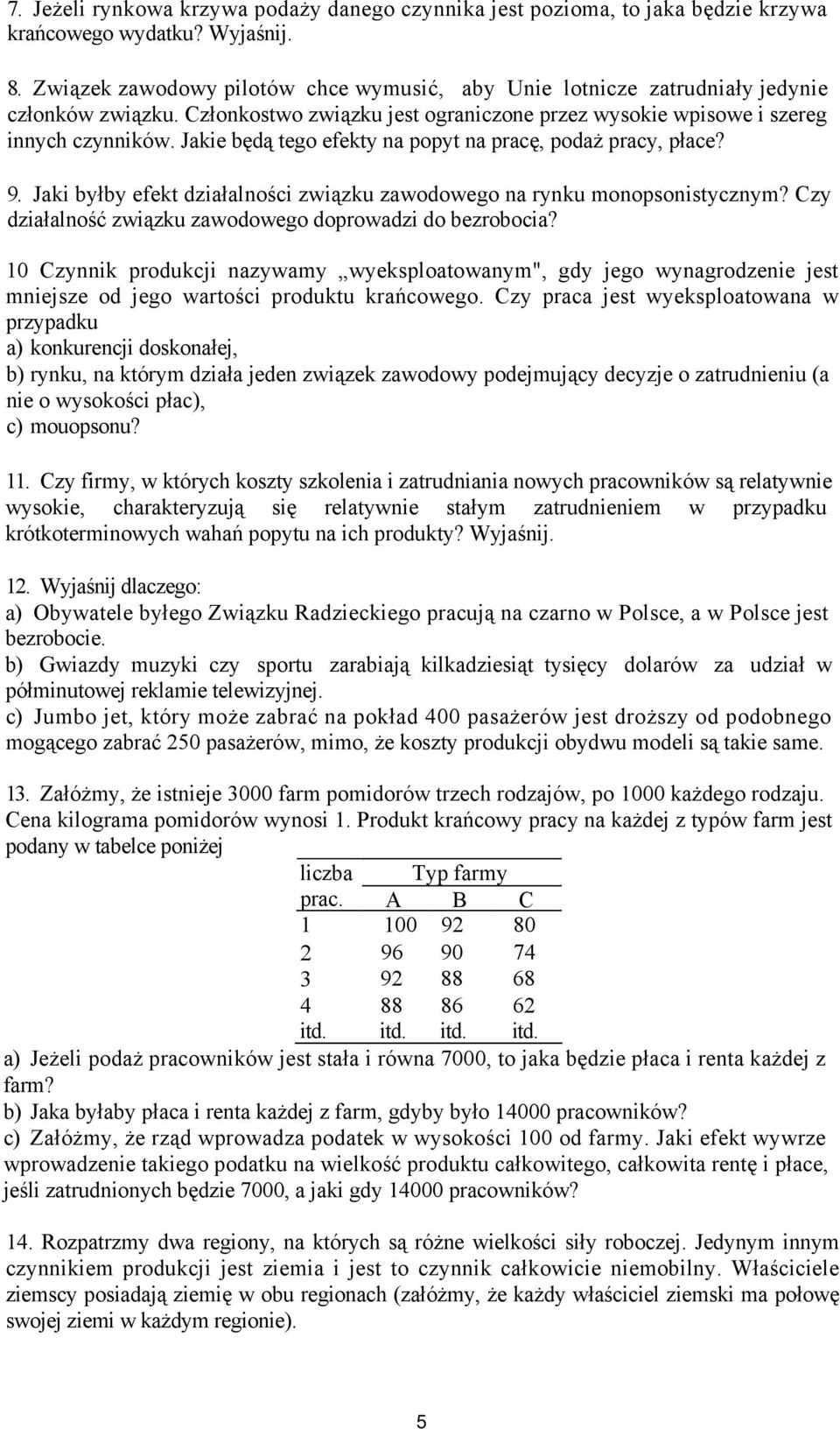 Jakie będą tego efekty na popyt na pracę, podaż pracy, płace? 9. Jaki byłby efekt działalności związku zawodowego na rynku monopsonistycznym?