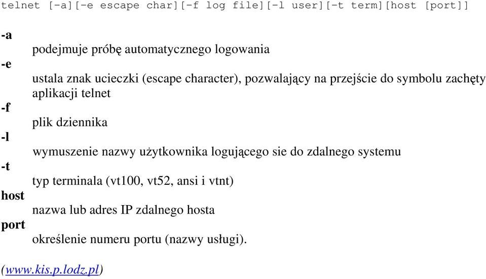 aplikacji telnet plik dziennika wymuszenie nazwy użytkownika logującego sie do zdalnego systemu typ terminala