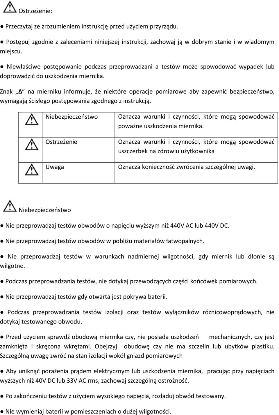 Znak na mierniku informuje, że niektóre operacje pomiarowe aby zapewnić bezpieczeństwo, wymagają ścisłego postępowania zgodnego z instrukcją.