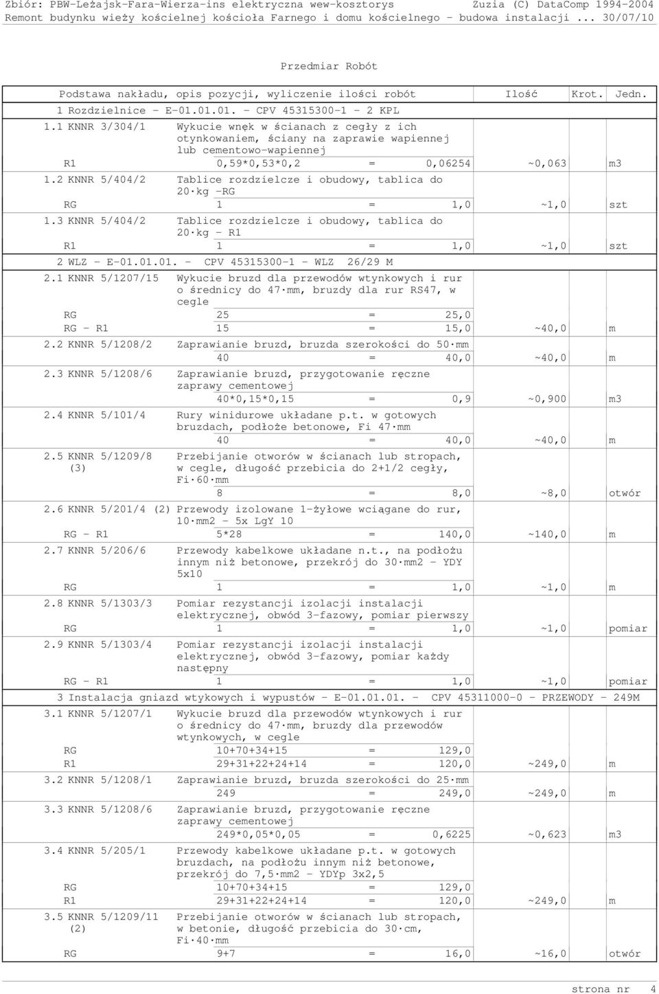 2 KNNR 5/404/2 Tablice rozdzielcze i obudowy, tablica do 20 kg -RG ~1,0 szt 1.3 KNNR 5/404/2 Tablice rozdzielcze i obudowy, tablica do 20 kg - R1 R1 1 = 1,0 ~1,0 szt 2 WLZ - E-01.