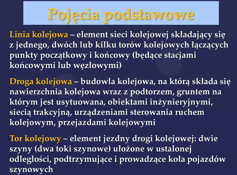 początkowy i końcowy (będące stacjami końcowymi lub węzłowymi) Droga kolejowa budowla kolejowa, na którą składa się nawierzchnia kolejowa wraz z