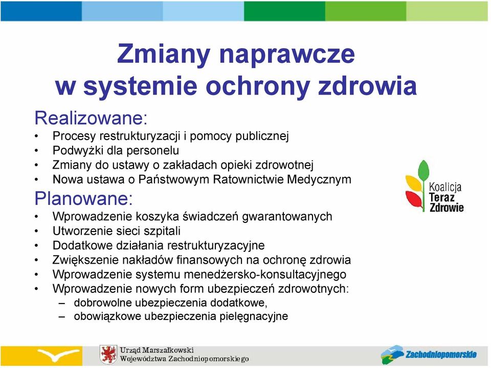 Utworzenie sieci szpitali Dodatkowe działania restrukturyzacyjne Zwiększenie nakładów finansowych na ochronę zdrowia Wprowadzenie systemu