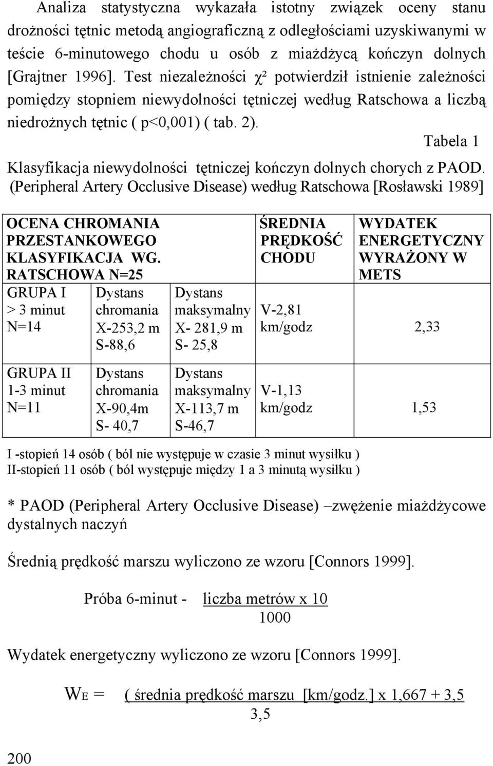 Tabela 1 Klasyfikacja niewydolności tętniczej kończyn dolnych chorych z PAOD. (Peripheral Artery Occlusive Disease) według Ratschowa [Rosławski 1989] OCENA CHROMANIA PRZESTANKOWEGO KLASYFIKACJA WG.