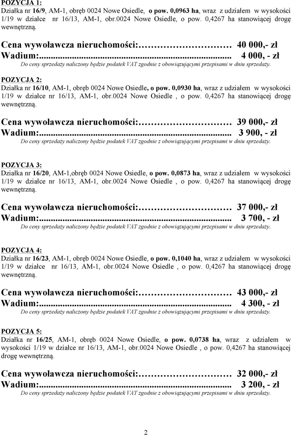 .. 3 900, - zł POZYCJA 3: Działka nr 16/20, AM-1,obręb 0024 Nowe Osiedle, o pow. 0,0873 ha, wraz z udziałem w wysokości Cena wywoławcza nieruchomości: 37 000,- zł Wadium:.