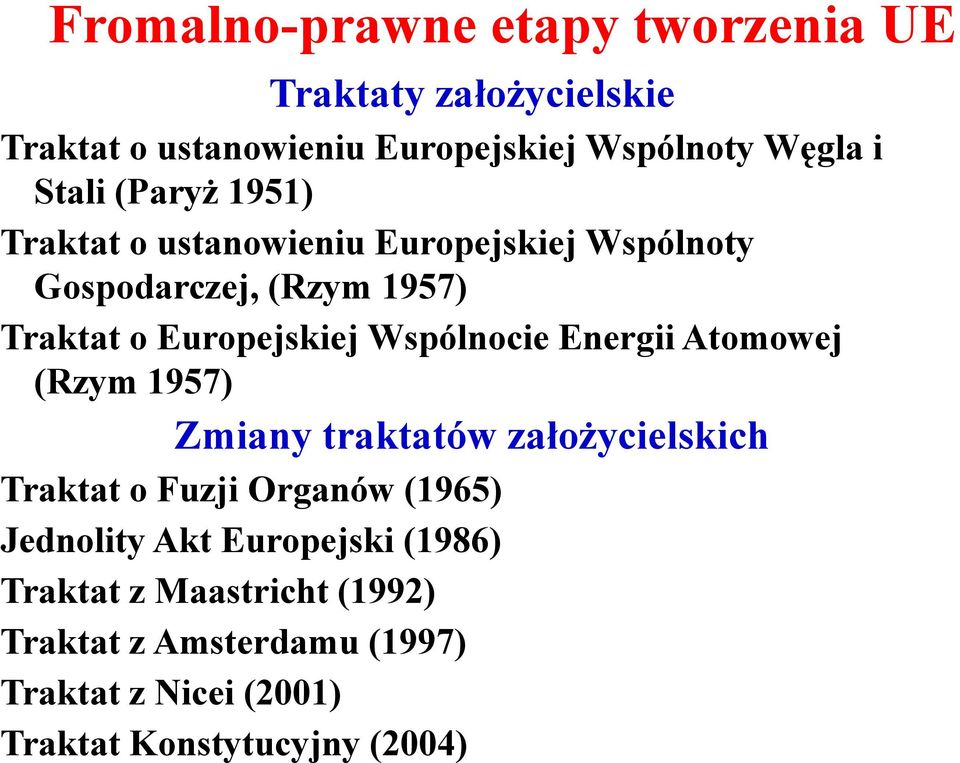 Wspólnocie Energii Atomowej (Rzym 1957) Zmiany traktatów załoŝycielskich Traktat o Fuzji Organów (1965) Jednolity Akt