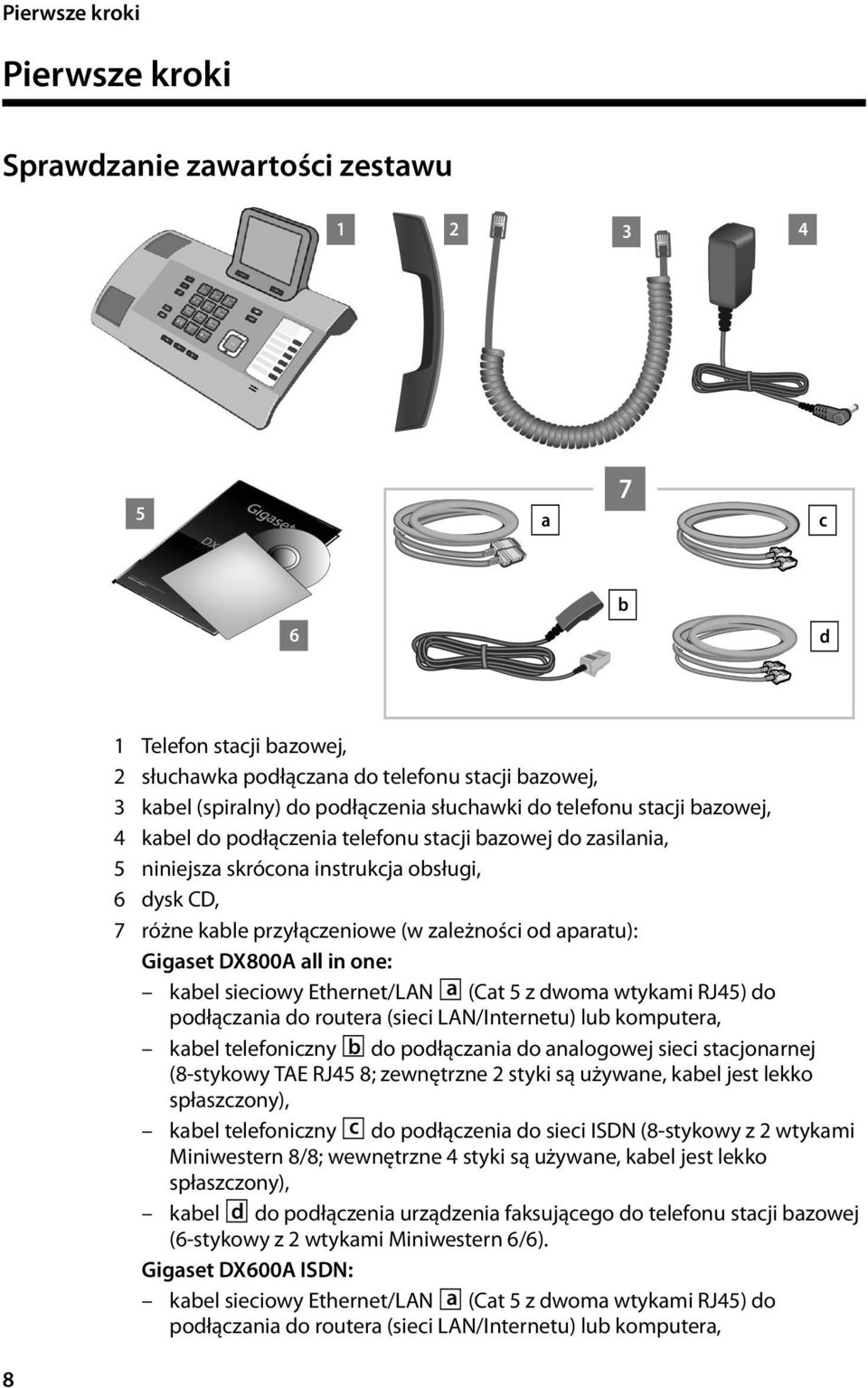 aparatu): Gigaset DX800A all in one: kabel sieciowy Ethernet/LAN a (Cat 5 z dwoma wtykami RJ45) do podłączania do routera (sieci LAN/Internetu) lub komputera, kabel telefoniczny b do podłączania do