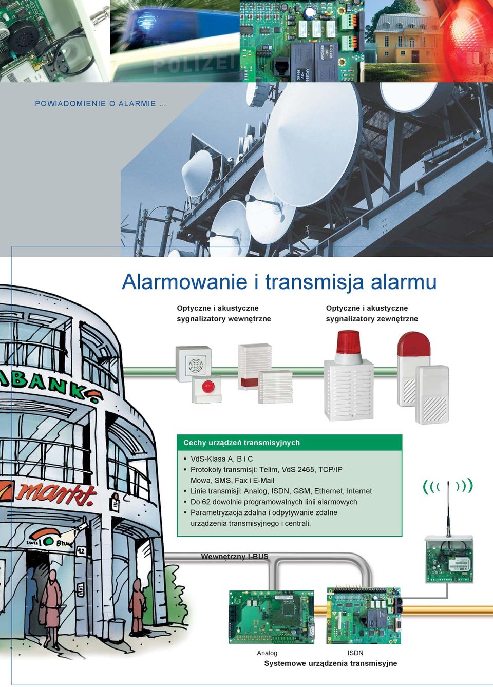 SMS, Fax i E-Mail Linie transmisji: Analog, ISDN, GSM, Ethernet, Internet Do 62 dowolnie programowalnych linii alarmowych