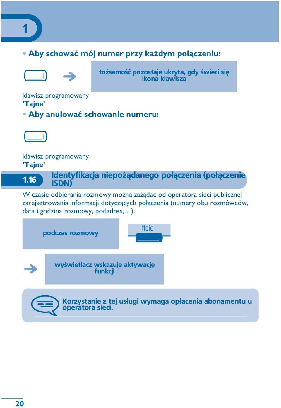 16 ISDN) W czasie odbierania rozmowy mo na za ¹daæ od operatora sieci publicznej zarejsetrowania informacji dotycz¹cych po³¹czenia (numery obu