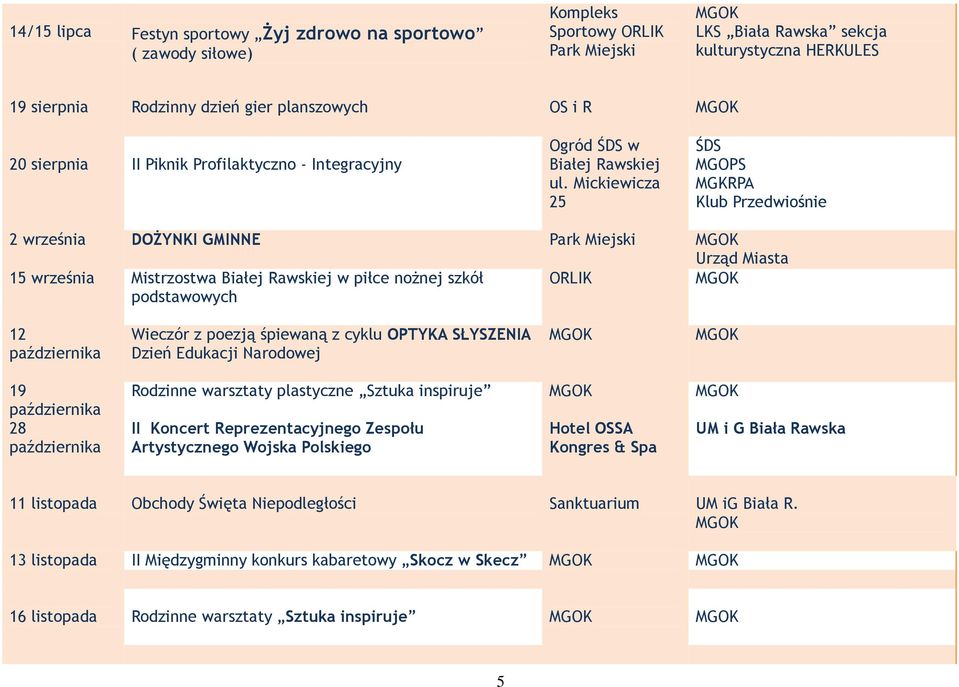 Mickiewicza 25 ŚDS MGOPS MGKRPA Klub Przedwiośnie 2 września DOŻYNKI GMINNE Park Miejski 15 września Mistrzostwa Białej Rawskiej w piłce nożnej szkół podstawowych ORLIK 12 października Wieczór z