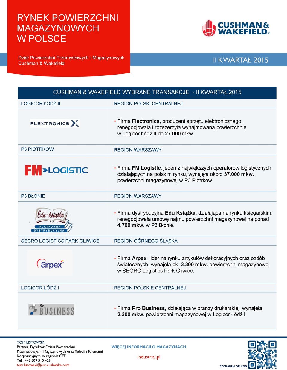 P3 PIOTRKÓW REGION WARSZAWY Firma FM Logistic, jeden z największych operatorów logistycznych działających na polskim rynku, wynajęła około 37. mkw. powierzchni magazynowej w P3 Piotrków.