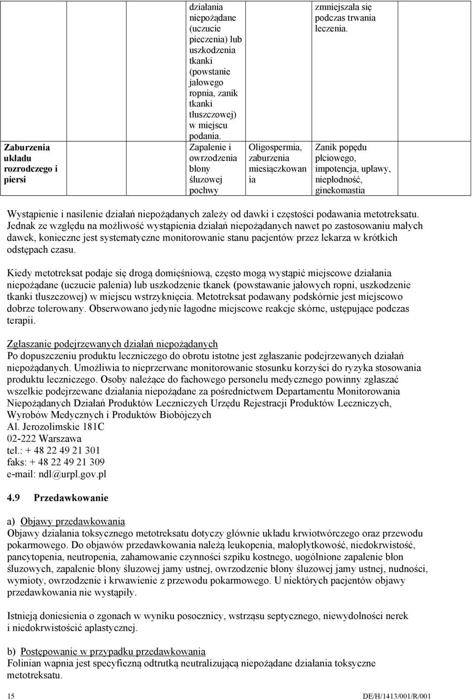 Zanik popędu płciowego, impotencja, upławy, niepłodność, ginekomastia MTX PFS DCP 2007 Wystąpienie i nasilenie działań niepożądanych zależy od dawki i częstości podawania metotreksatu.
