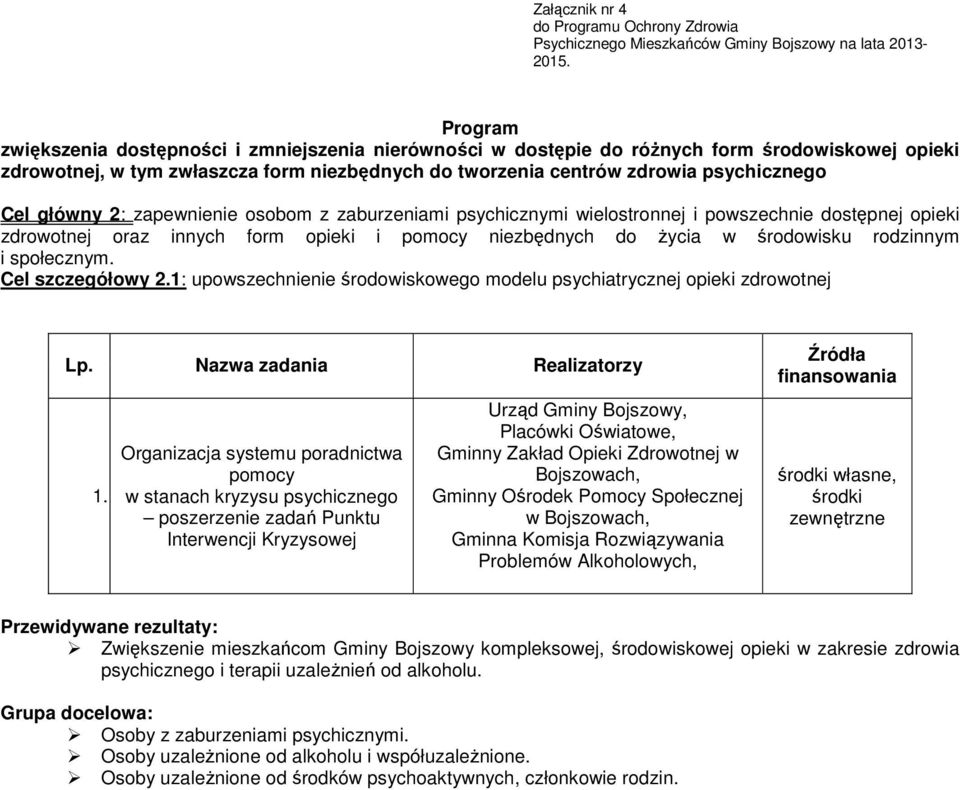 główny 2: zapewnienie osobom z zaburzeniami psychicznymi wielostronnej i powszechnie dostępnej opieki zdrowotnej oraz innych form opieki i pomocy niezbędnych do życia w środowisku rodzinnym i