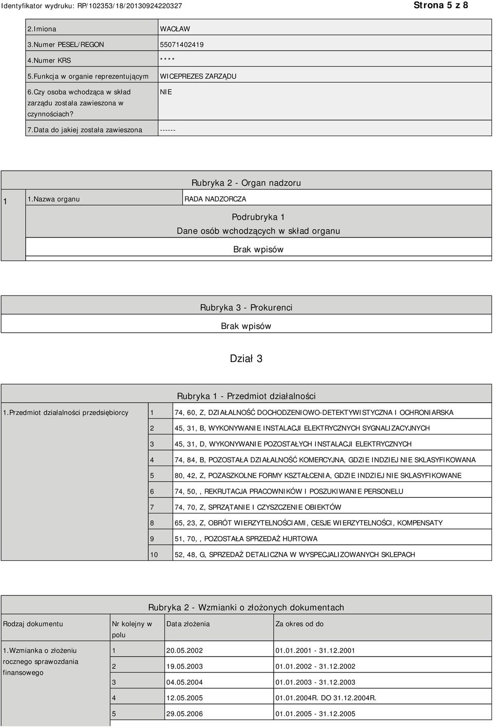 Nazwa organu RADA NADZORCZA Podrubryka 1 Dane osób wchodzących w skład organu Rubryka 3 - Prokurenci Dział 3 Rubryka 1 - Przedmiot działalności 1.