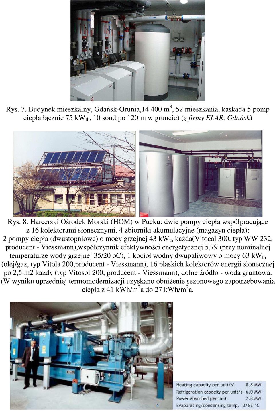 th każda(vitocal 300, typ WW 232, producent - Viessmann),współczynnik efektywności energetycznej 5,79 (przy nominalnej temperaturze wody grzejnej 35/20 oc), 1 kocioł wodny dwupaliwowy o mocy 63 kw th
