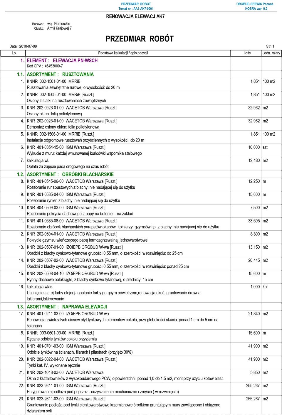 KNR 202-0923-01-00 WACETOB Warszawa [Ruszt.] 32,962 m2 DemontaŜ osłony okien: folią polietylenową 5. KNNR 002-1506-01-00 MRRiB [Ruszt.] 1,851 100 m2 6. KNR 401-0354-15-00 IGM Warszawa [Ruszt.