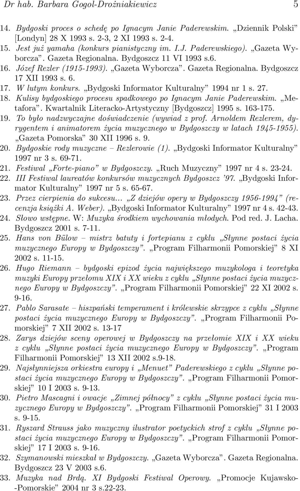 6. 17. W lutym konkurs. Bydgoski Informator Kulturalny 1994 nr 1 s. 27. 18. Kulisy bydgoskiego procesu spadkowego po Ignacym Janie Paderewskim. Metafora.