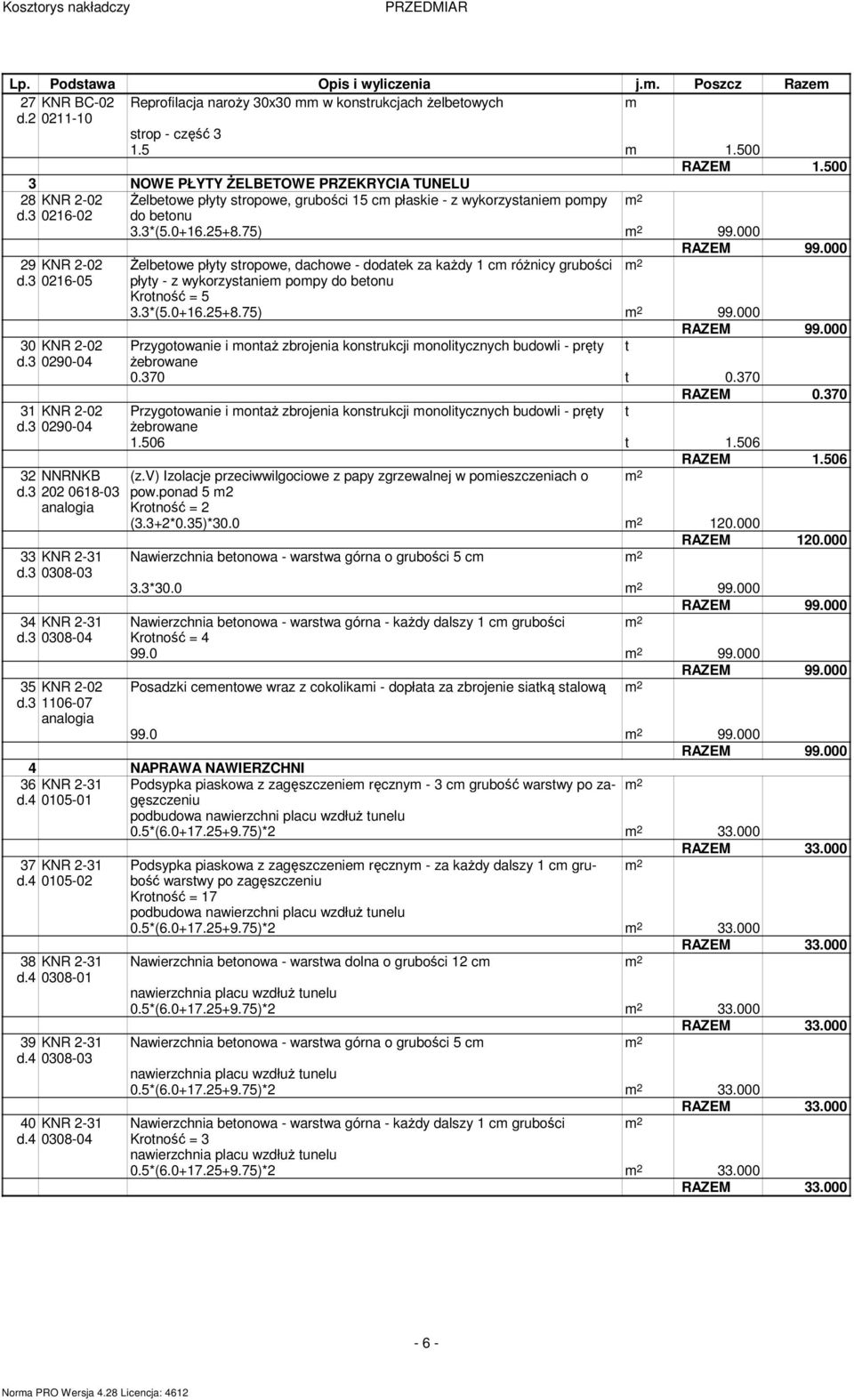 000 29 KNR 2-02 Żelbetowe płyty stropowe, dachowe - dodatek za każdy 1 cm różnicy grubości d.3 0216-05 płyty - z wykorzystaniem pompy do betonu Krotność = 5 3.3*(5.0+16.25+8.75) 99.000 30 KNR 2-02 d.