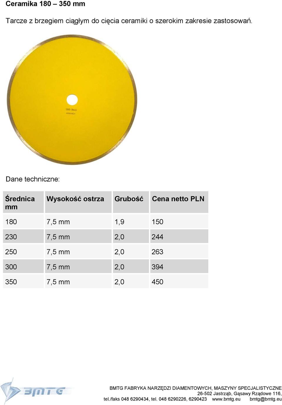 Wysokość ostrza Grubość Cena netto PLN 180 7,5 1,9