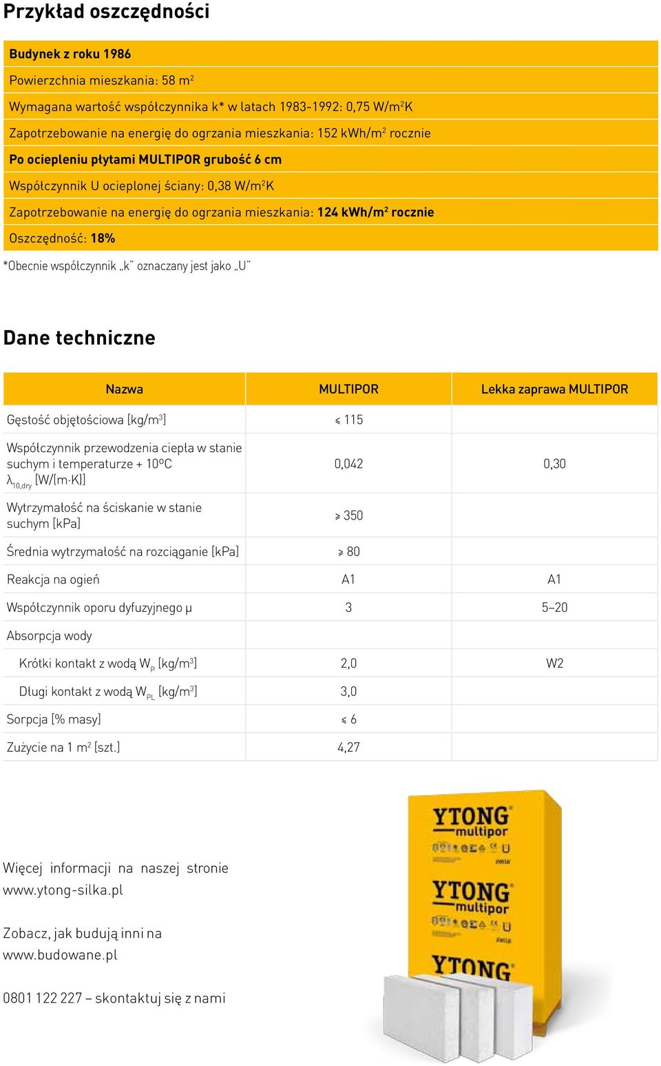 *Obecnie współczynnik k oznaczany jest jako U Dane techniczne Nazwa MULTIPOR Lekka zaprawa MULTIPOR Gęstość objętościowa [kg/m 3 ] 115 Współczynnik przewodzenia ciepła w stanie suchym i temperaturze