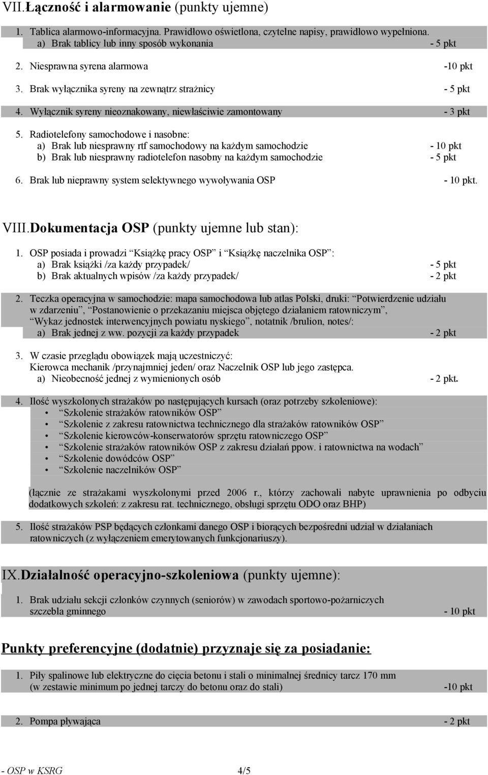 Radiotelefony samochodowe i nasobne: a) Brak lub niesprawny rtf samochodowy na każdym samochodzie b) Brak lub niesprawny radiotelefon nasobny na każdym samochodzie - 5 pkt 6.